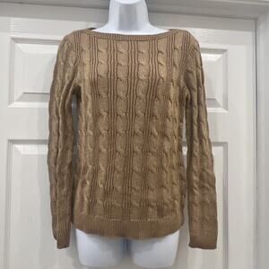 EUC Lauren Ralph Lauren Sz Small S Sweater Gold Sparkly Cable-Knit Cotton-Blend